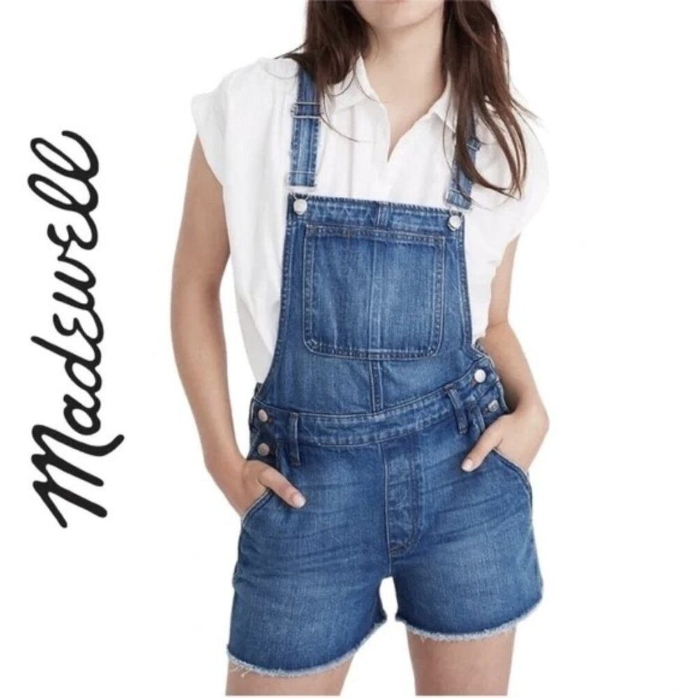 Madewell Womens Denim Short Overalls Mediumβ Wash Raw Hem Blue Size Small